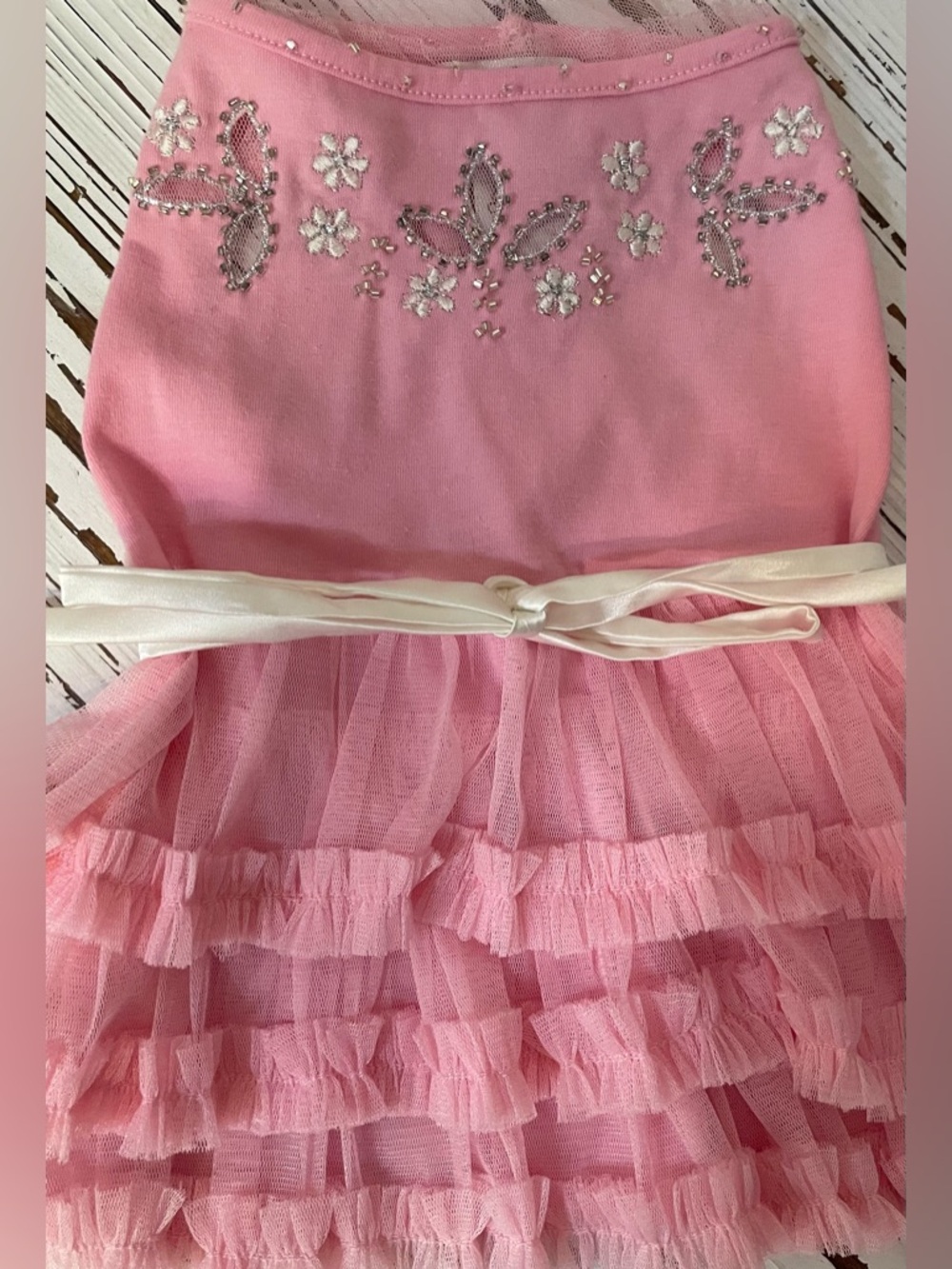 Pink Ruffle Tulle Pet  Dress with Beaded  Floral Bodice
Small